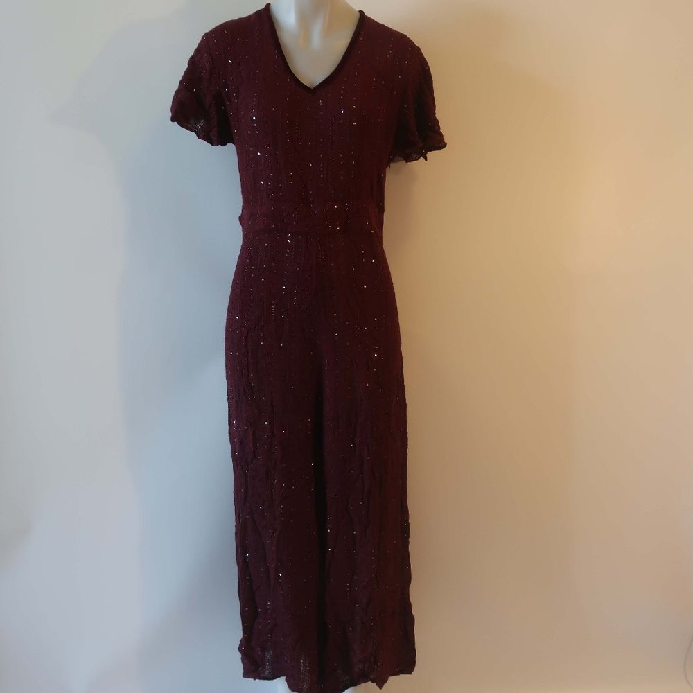 NWT Womens Tina Demel Burgundy Silver Bedazzle Sequined Short Sleeve Jumpsuit L*